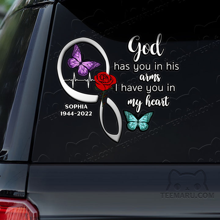 Personalized Rose Purple Turquoise Butterfly Memorial Car Decal - God's Arms, My Heart