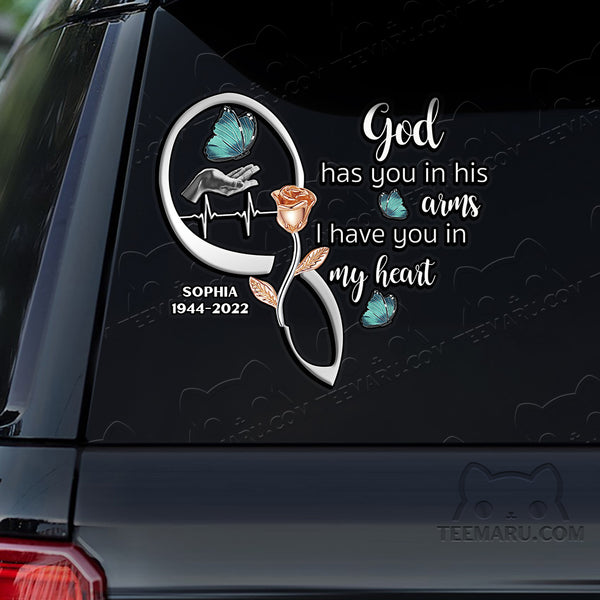 Personalized Rose Turquoise Butterfly Memorial Car Decal - God's Arms, My Heart