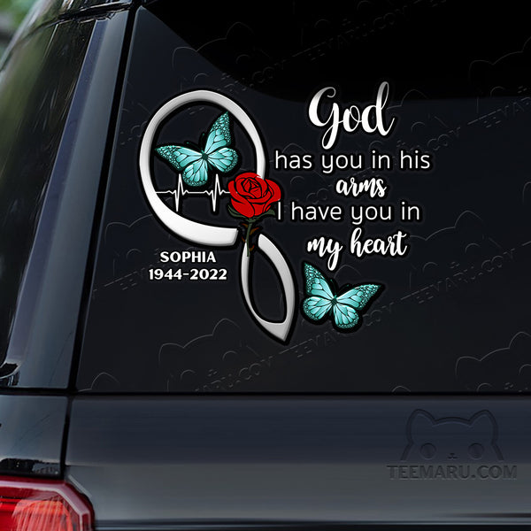 Personalized Rose Turquoise Butterfly Memorial Car Decal - God's Arms, My Heart