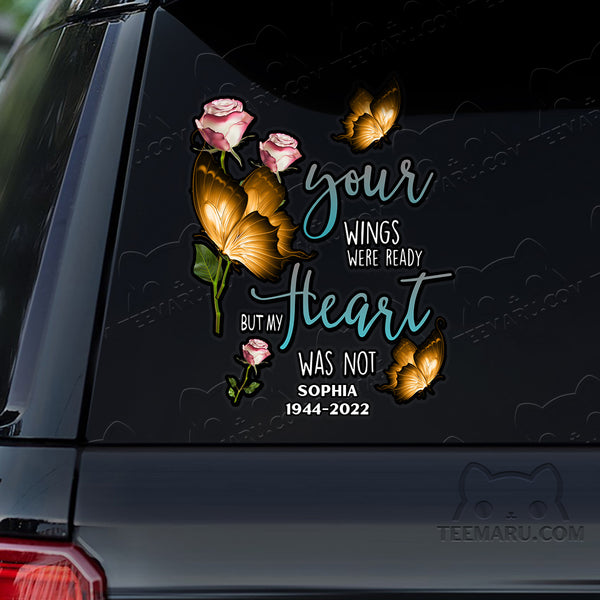 Personalized Rose Yellow Butterfly Memorial Car Decal - Wings Ready, Heart Not