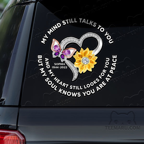 Personalized Sunflower Purple Butterfly Memorial Car Decal - Mind Talks, Heart Looks, Soul At Peace