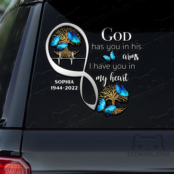 Personalized Tree Of Life Blue Butterfly Memorial Car Decal - God's Arms, My Heart