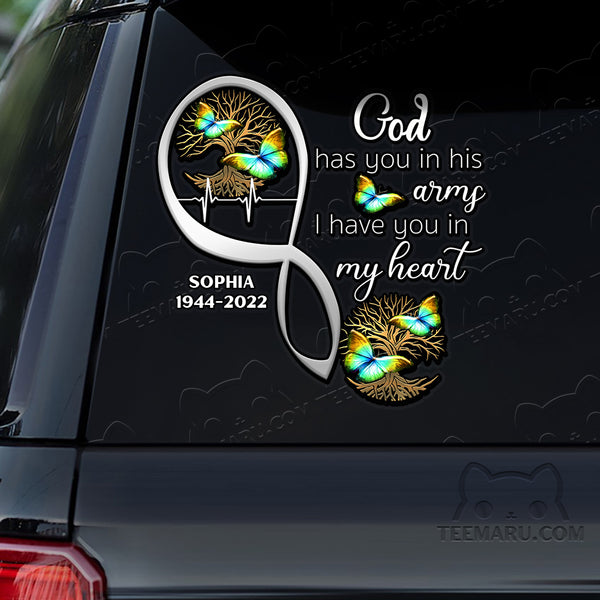 Personalized Tree Of Life Colorful Butterfly Memorial Car Decal - God's Arms, My Heart