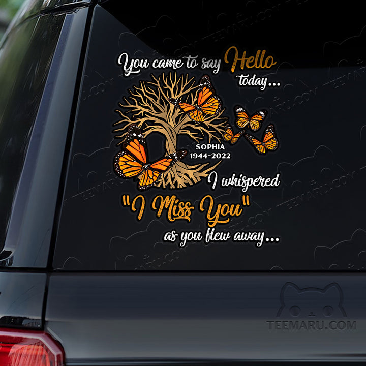 Personalized Tree Of Life Orange Butterfly Memorial Car Decal - Hello, Whispered, Miss You, Flew Away