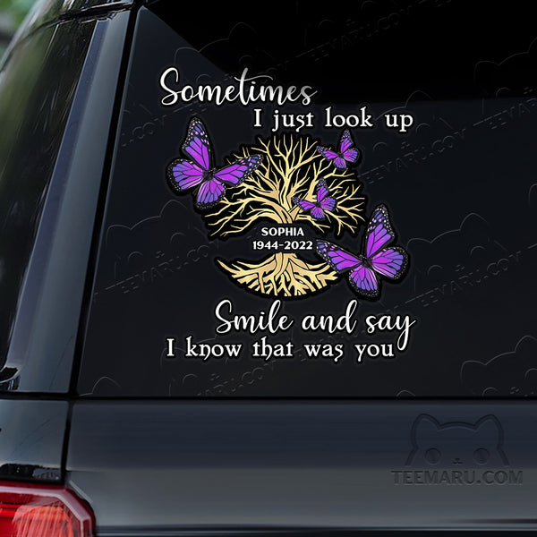 Personalized Tree Of Life Purple Butterfly Memorial Car Decal - Look Up, Smile, Know You