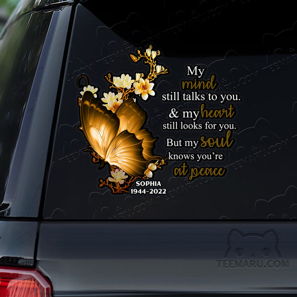 Personalized Yellow Butterfly Memorial Car Decal - Mind Talks, Heart Looks, Soul At Peace