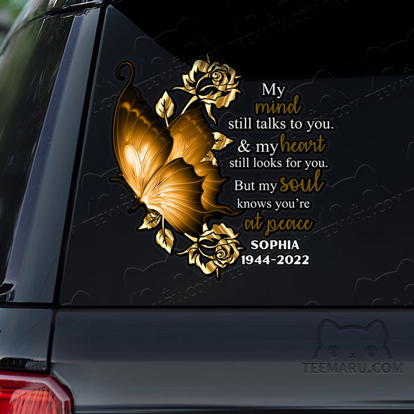 Personalized Yellow Butterfly Memorial Car Decal - Mind Talks, Heart Looks, Soul At Peace