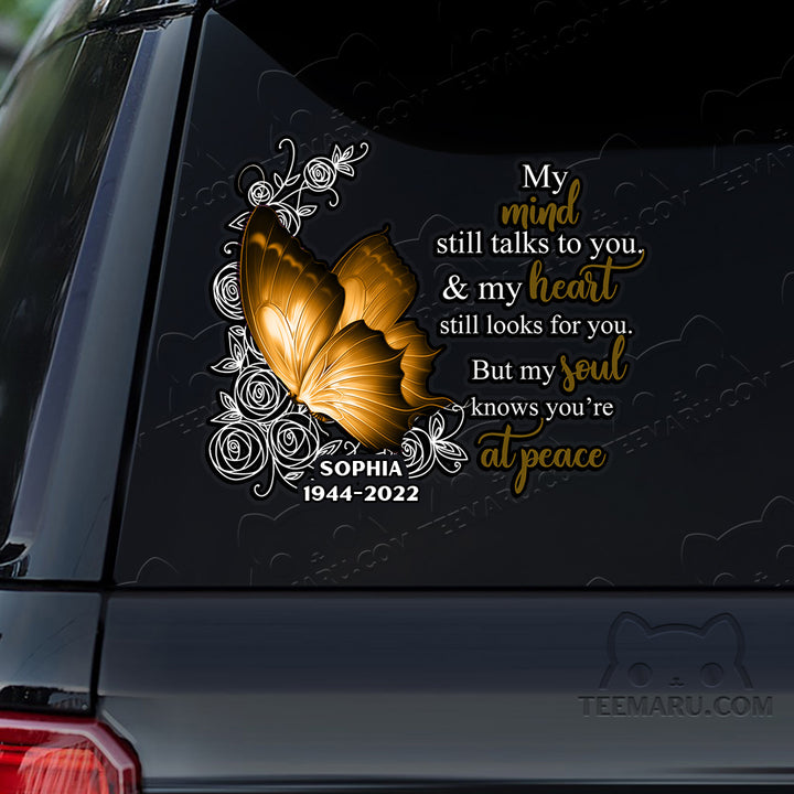 Personalized Yellow Butterfly Memorial Car Decal - Mind Talks, Heart Looks, Soul At Peace