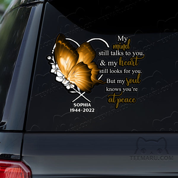 Personalized Yellow Butterfly Memorial Car Decal - Mind Talks, Heart Looks, Soul At Peace