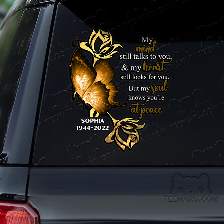 Personalized Yellow Butterfly Memorial Car Decal - Mind Talks, Heart Looks, Soul At Peace