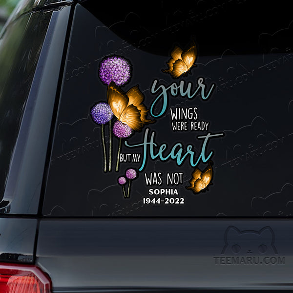 Personalized Yellow Butterfly Memorial Car Decal - Wings Ready, Heart Not