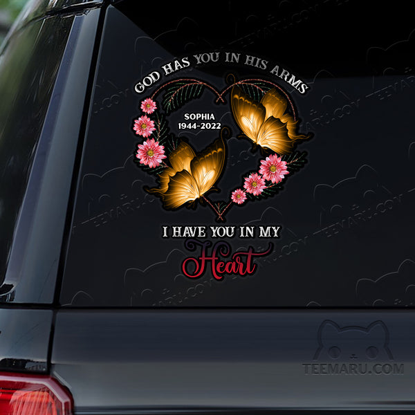 Personalized Yellow Butterfly Memorial Car Decal - God's Arms, My Heart