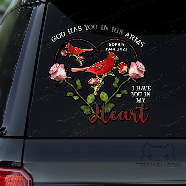 Personalized Rose Cardinal Memorial Car Decal - God's Arms, My Heart