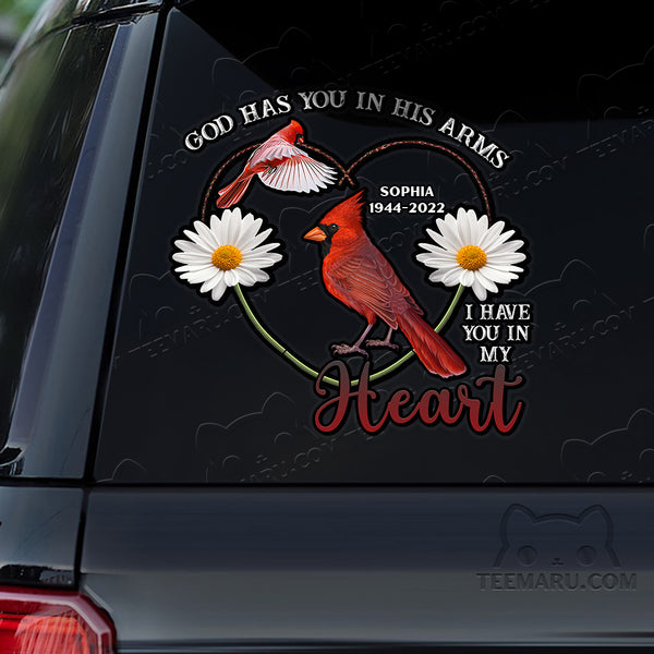 Personalized Daisy Cardinal Memorial Car Decal - God's Arms, My Heart