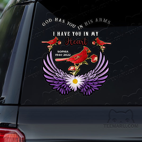 Personalized Angel Wings Daisy Cardinal Memorial Car Decal - God's Arms, My Heart