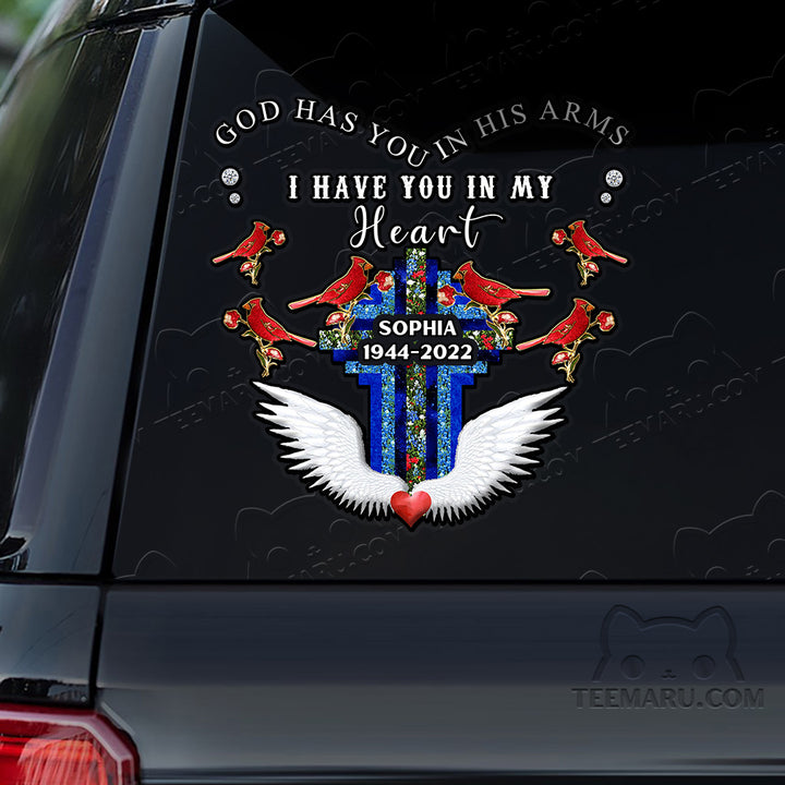 Personalized Angel Wings Cross Cardinal Memorial Car Decal - God's Arms, My Heart