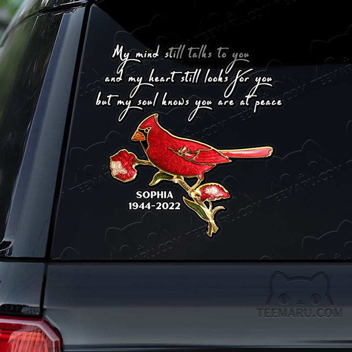 Personalized Cardinal Memorial Car Decal - Mind Talks, Heart Looks, Soul At Peace