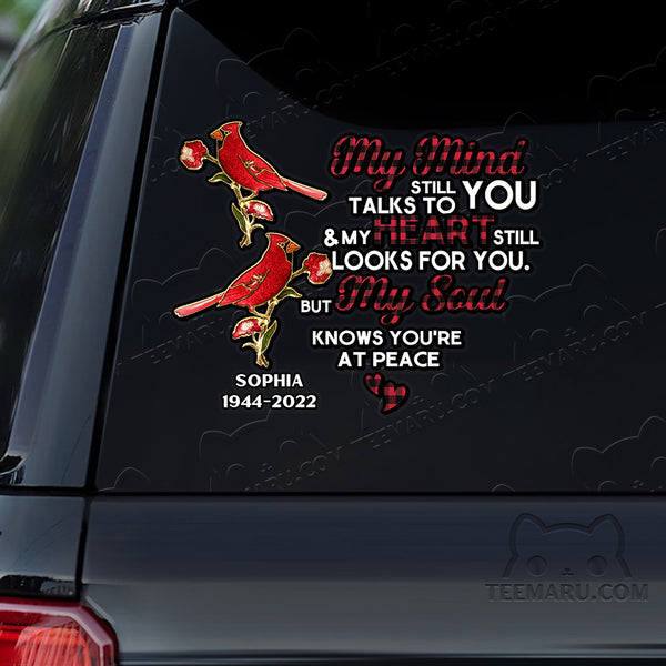 Personalized Cardinal Memorial Car Decal - Mind Talks, Heart Looks, Soul At Peace