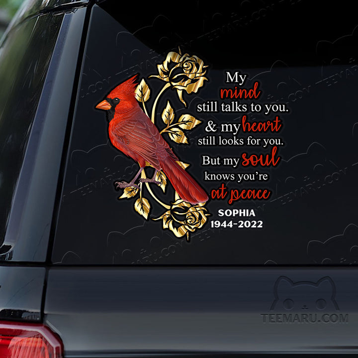 Personalized Cardinal Memorial Car Decal - Mind Talks, Heart Looks, Soul At Peace