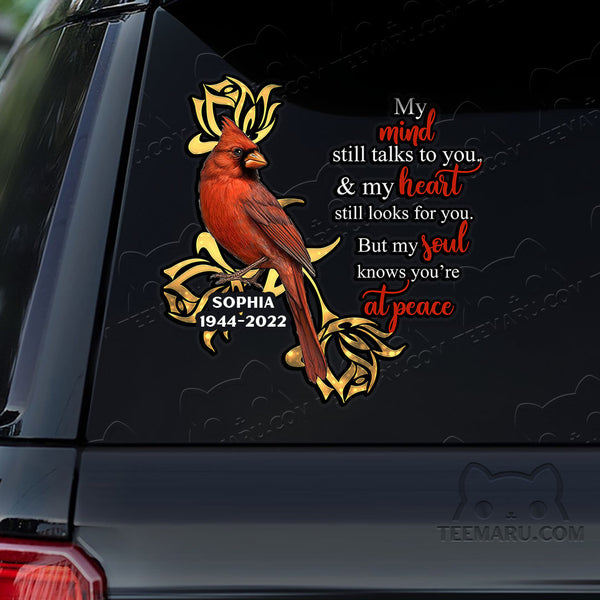 Personalized Cardinal Memorial Car Decal - Mind Talks, Heart Looks, Soul At Peace