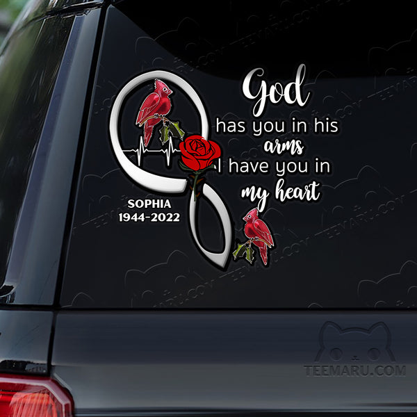 Personalized Rose Cardinal Memorial Car Decal - God's Arms, My Heart