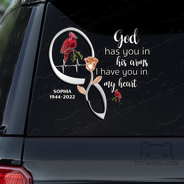 Personalized Rose Cardinal Memorial Car Decal - God's Arms, My Heart