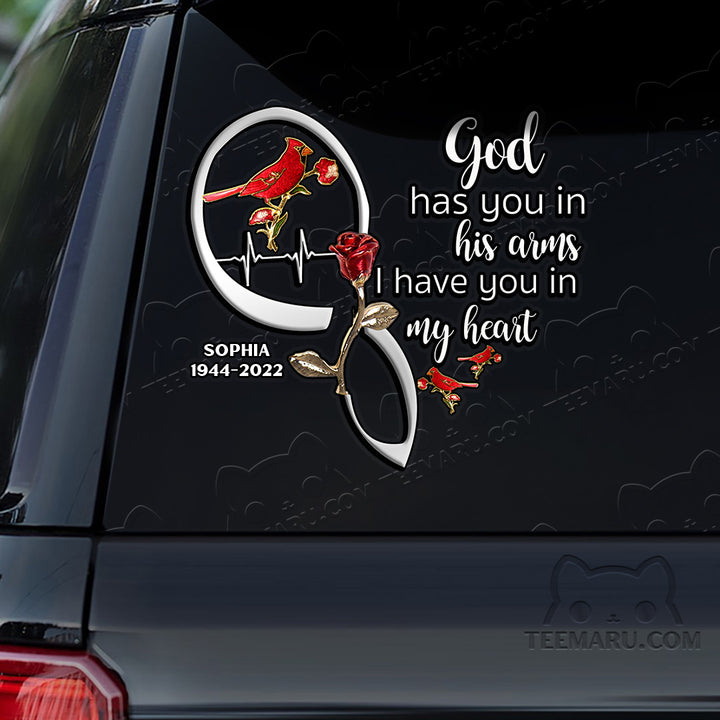 Personalized Rose Cardinal Memorial Car Decal - God's Arms, My Heart