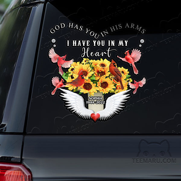 Personalized Angel Wings Sunflower Cardinal Memorial Car Decal - God's Arms, My Heart