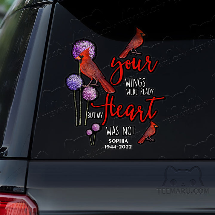 Personalized Cardinal Memorial Car Decal - Wings Ready, Heart Not