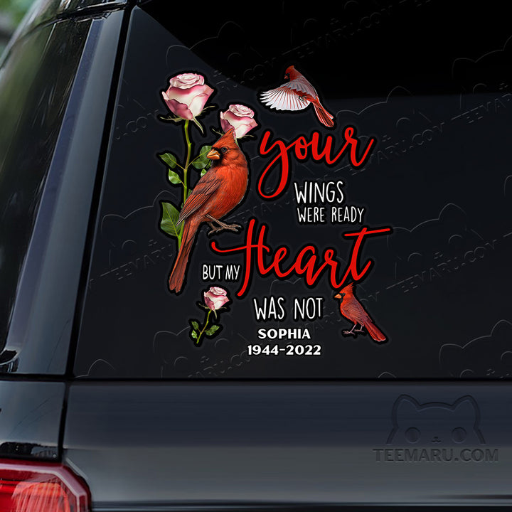 Personalized Rose Cardinal Memorial Car Decal - Wings Ready, Heart Not