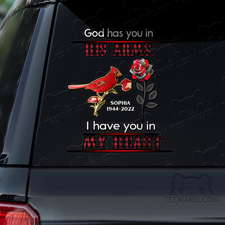 Personalized Rose Cardinal Memorial Car Decal - God's Arms, My Heart