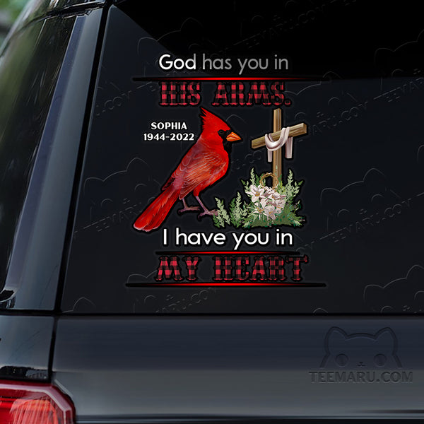 Personalized Cross Cardinal Memorial Car Decal - God's Arms, My Heart