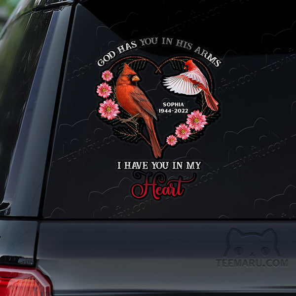 Personalized Cardinal Memorial Car Decal - God's Arms, My Heart