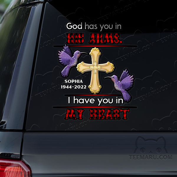 Personalized Cross Hummingbird Memorial Car Decal - God's Arms, My Heart