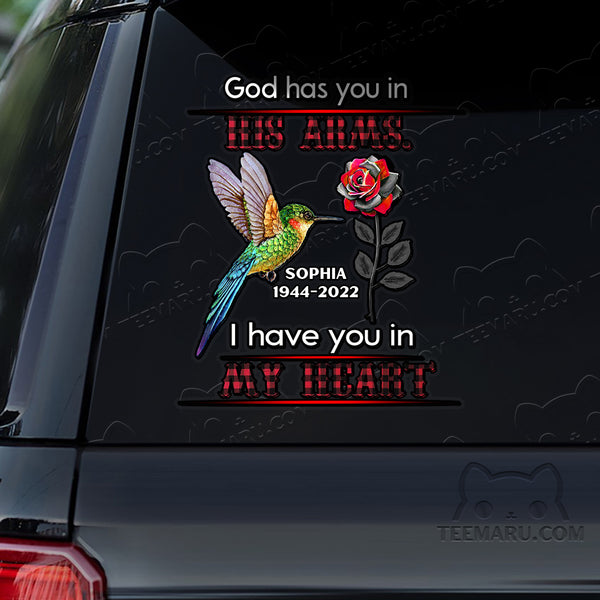 Personalized Rose Hummingbird Memorial Car Decal - God's Arms, My Heart