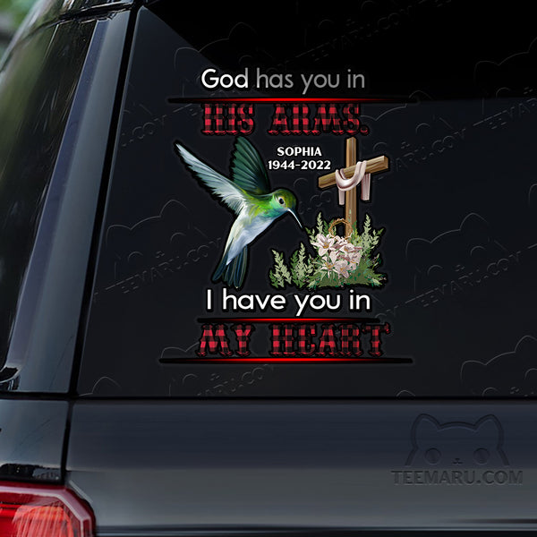 Personalized Cross Hummingbird Memorial Car Decal - God's Arms, My Heart