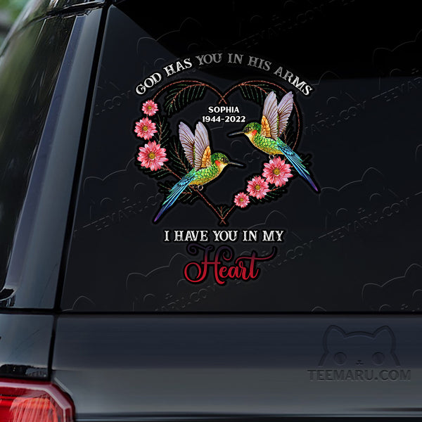 Personalized Hummingbird Memorial Car Decal - God's Arms, My Heart