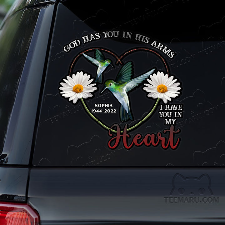 Personalized Daisy Hummingbird Memorial Car Decal - God's Arms, My Heart