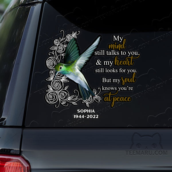 Personalized Hummingbird Memorial Car Decal - Mind Talks, Heart Looks, Soul At Peace