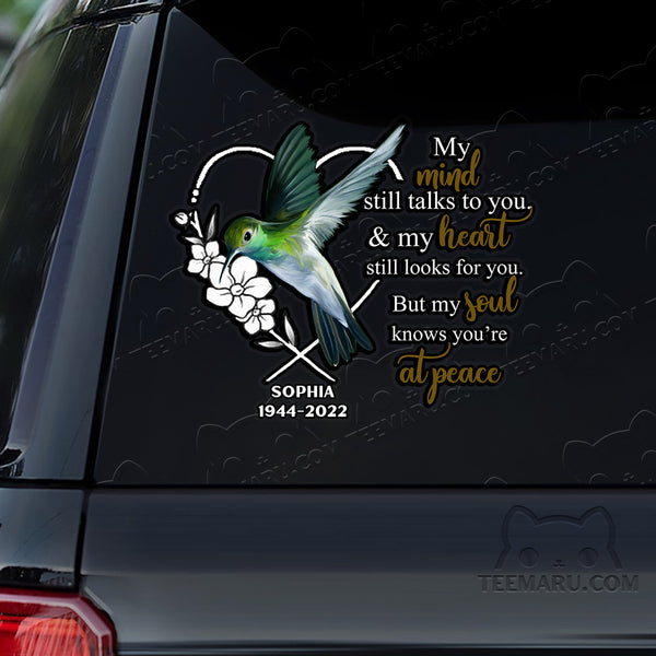 Personalized Hummingbird Memorial Car Decal - Mind Talks, Heart Looks, Soul At Peace