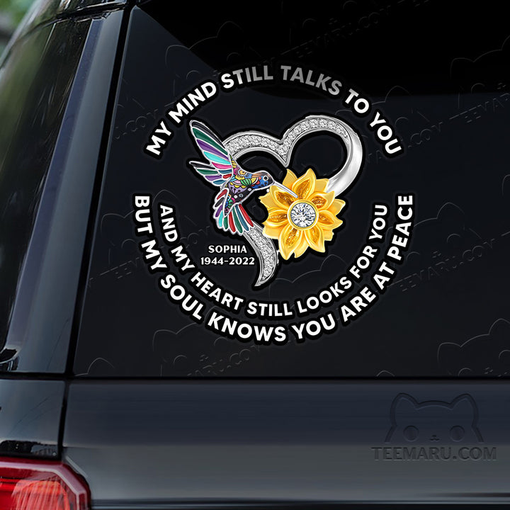 Personalized Sunflower Hummingbird Memorial Car Decal - Mind Talks, Heart Looks, Soul At Peace