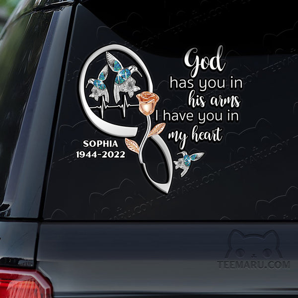 Personalized Rose Hummingbird Memorial Car Decal - God's Arms, My Heart