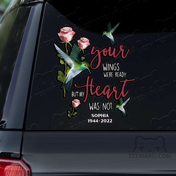 Personalized Rose Hummingbird Memorial Car Decal - Wings Ready, Heart Not