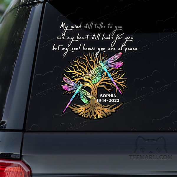Personalized Tree Of Life Colorful Dragonfly Memorial Car Decal - Mind Talks, Heart Looks, Soul At Peace