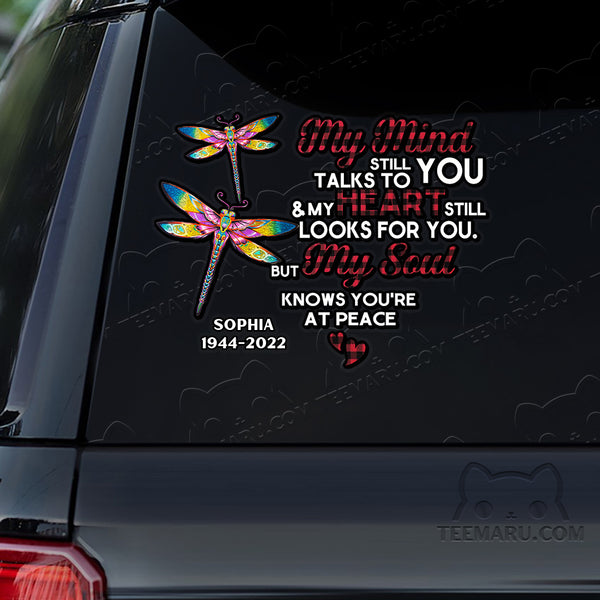 Personalized Colorful Dragonfly Memorial Car Decal - Mind Talks, Heart Looks, Soul At Peace