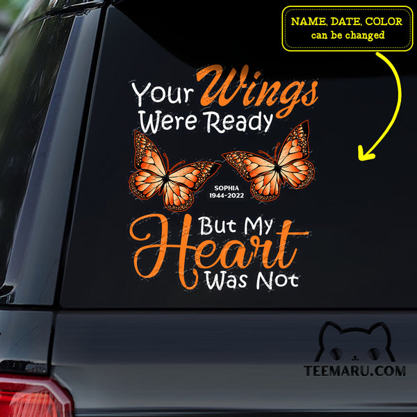 Personalized Orange Butterfly Memorial Car Decal - Your Wings Were Ready