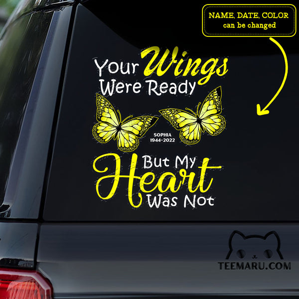 Personalized Yellow Butterfly Memorial Car Decal - Your Wings Were Ready