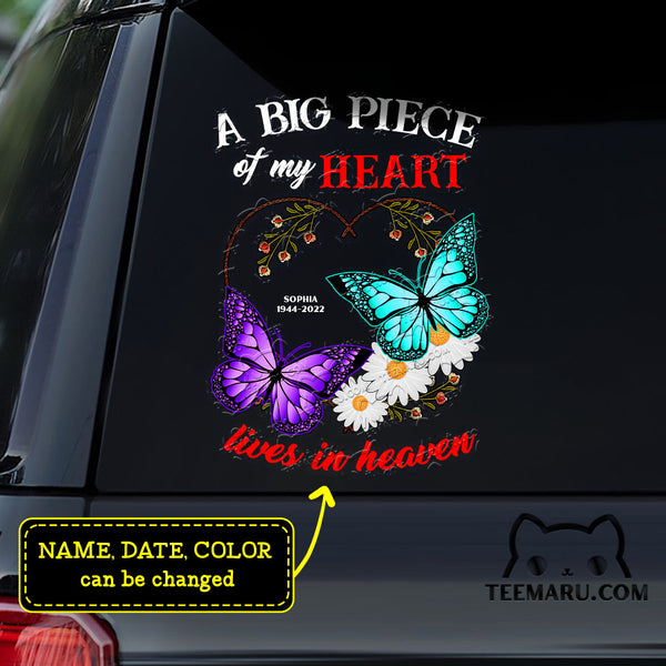 Personalized Daisy Purple Turquoise Butterfly Memorial Car Decal - A Big Piece Of My Heart