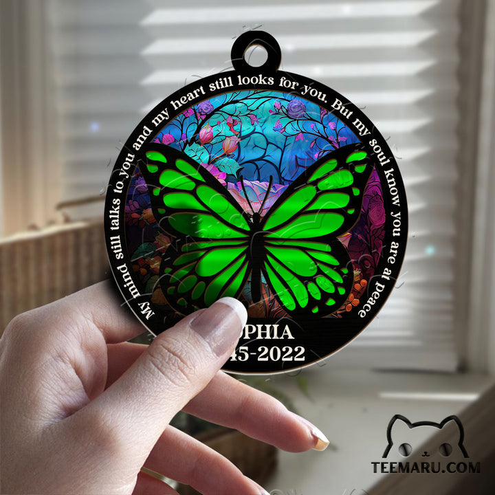 MMSO00203 - Personalized Green Butterfly Memorial Suncatcher Ornament - My Mind Still Talks To You