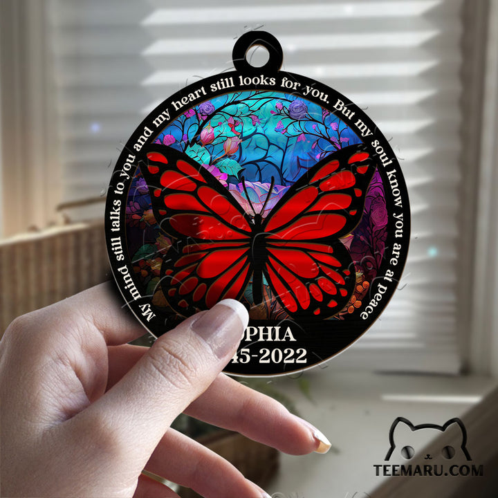 MMSO00207 - Personalized Red Butterfly Memorial Suncatcher Ornament - My Mind Still Talks To You